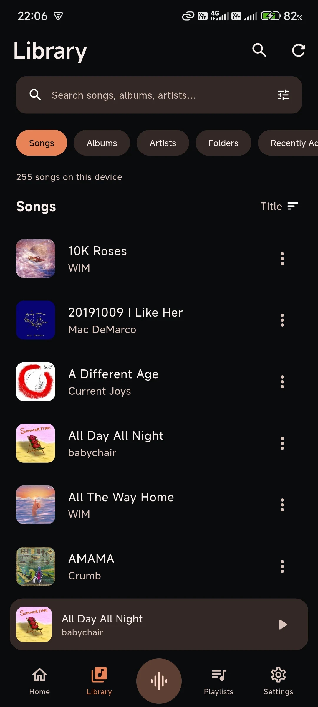 Resona's Library in dark mode: search bar, category chips, 255 songs on this device, and a song list with album art